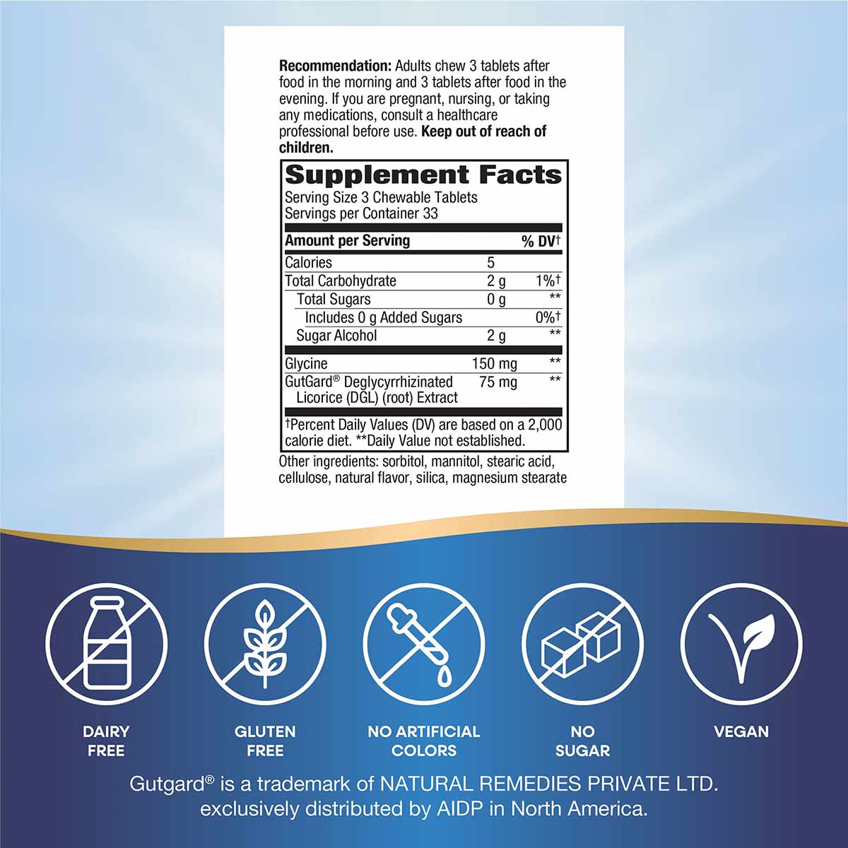 DGL Sugar Free supplement facts label showing dosage recommendations, nutritional information for chewable tablets, and icons