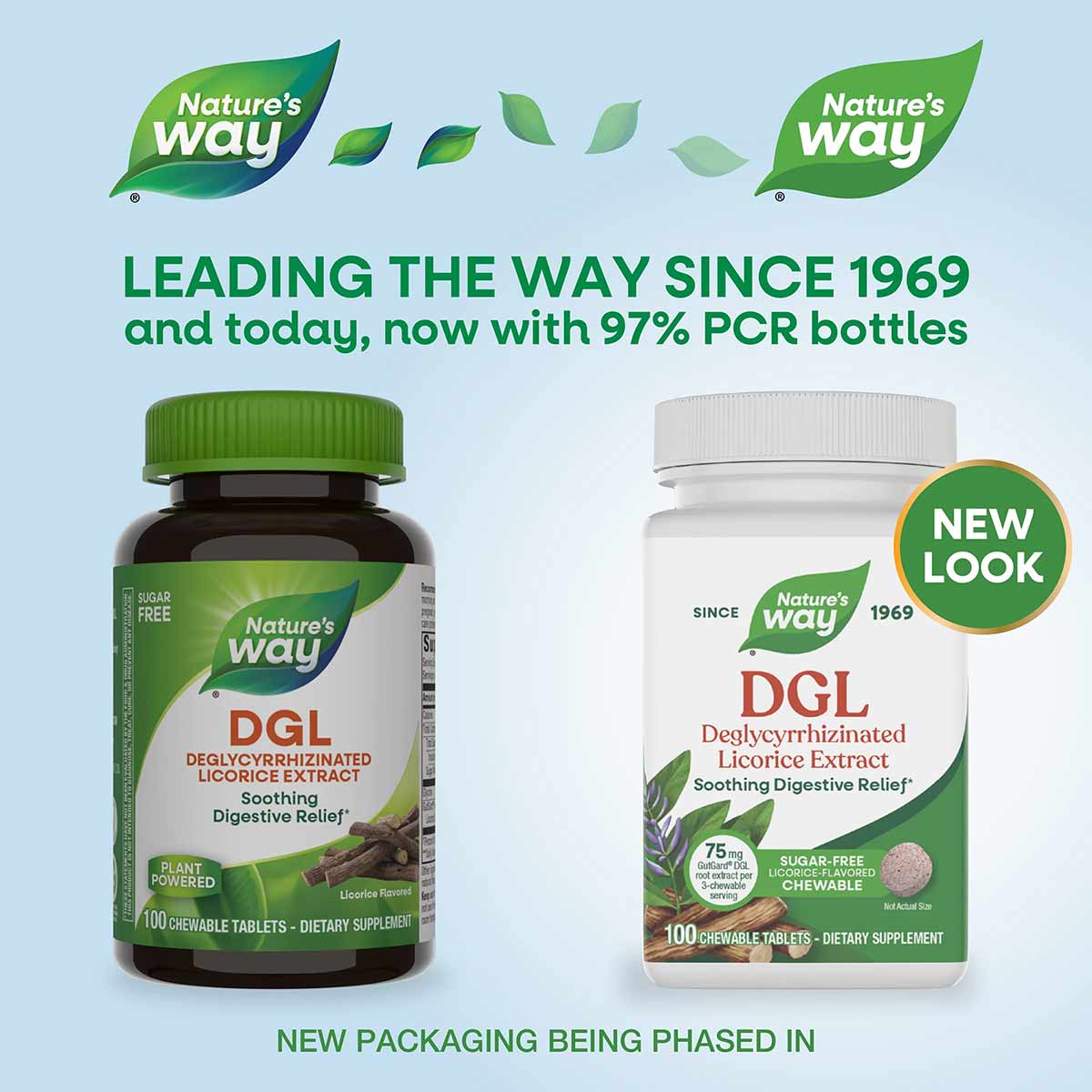 Two Nature's Way DGL supplement bottles: dark glass bottle on left with green cap and white bottle on right labeled "New Look