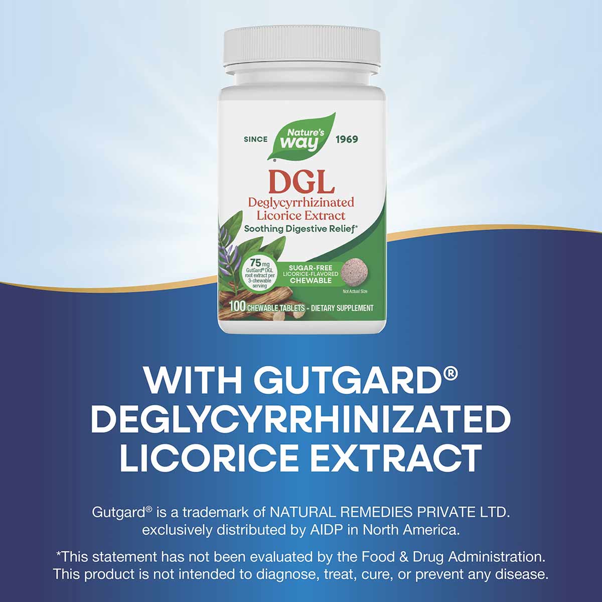 Nature's Way DGL sugar-free licorice extract supplement bottle containing 100 chewable tablets.