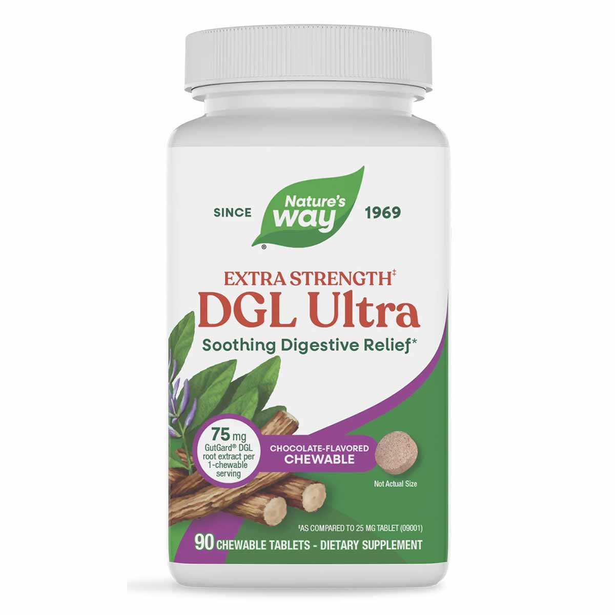 Nature's Way DGL Ultra Extra Strength chocolate-flavored chewable tablets for digestive relief, 90 count bottle.