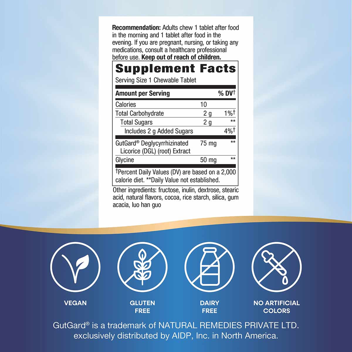 Supplement Facts label for DGL Ultra chocolate chewable tablets showing nutrition information, ingredients, and vegan, gluten