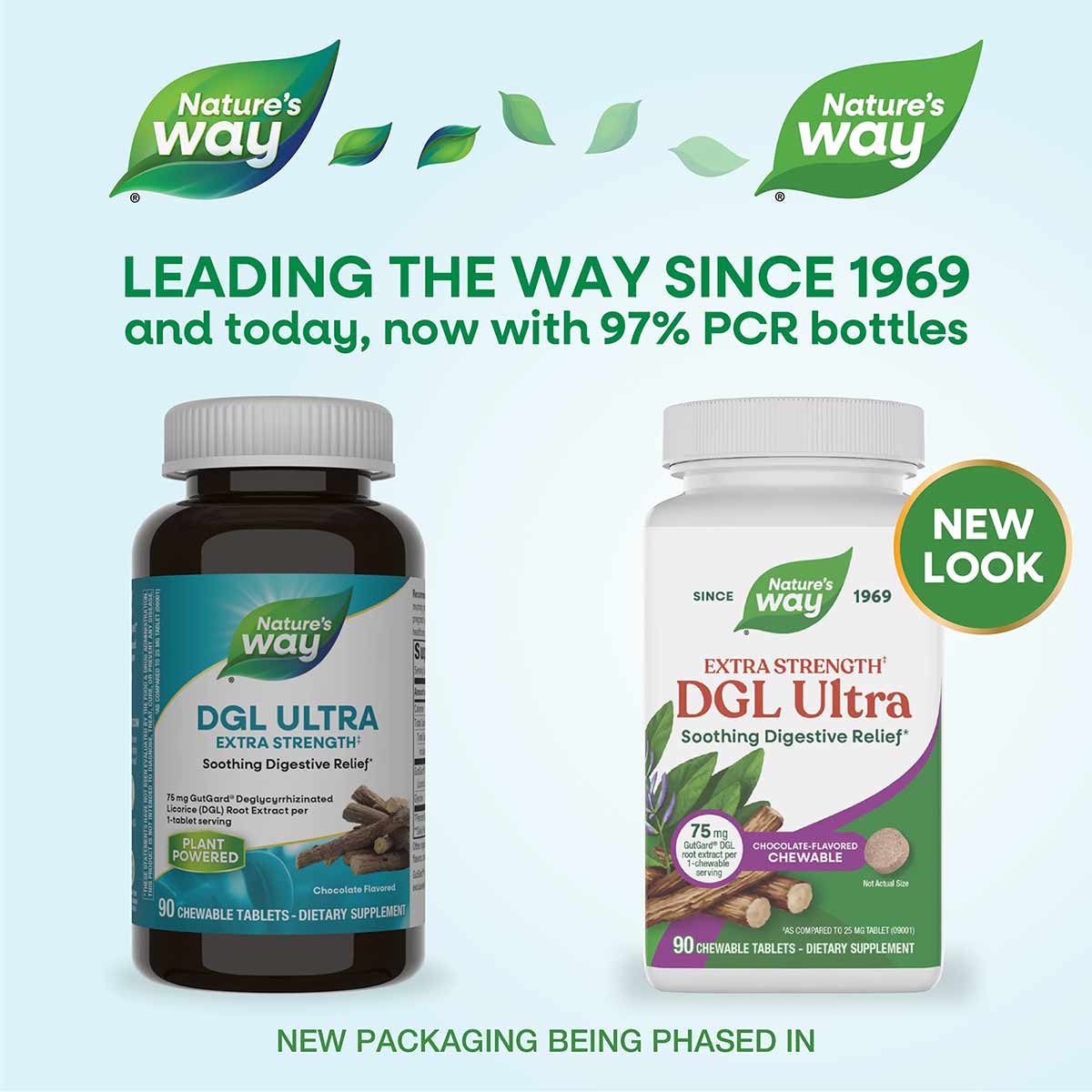Nature's Way DGL Ultra chocolate-flavored chewable tablets in dark glass and white bottles, 90-count dietary supplement.