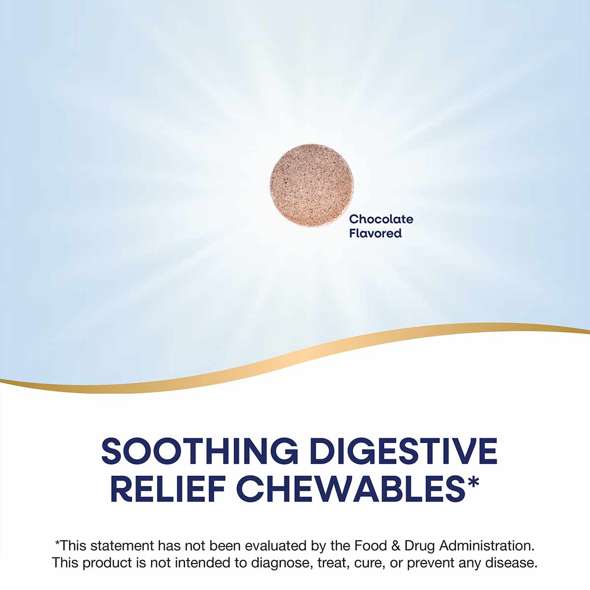 Brown chewable tablet labeled "Chocolate Flavored" for digestive relief by Nature's Way.