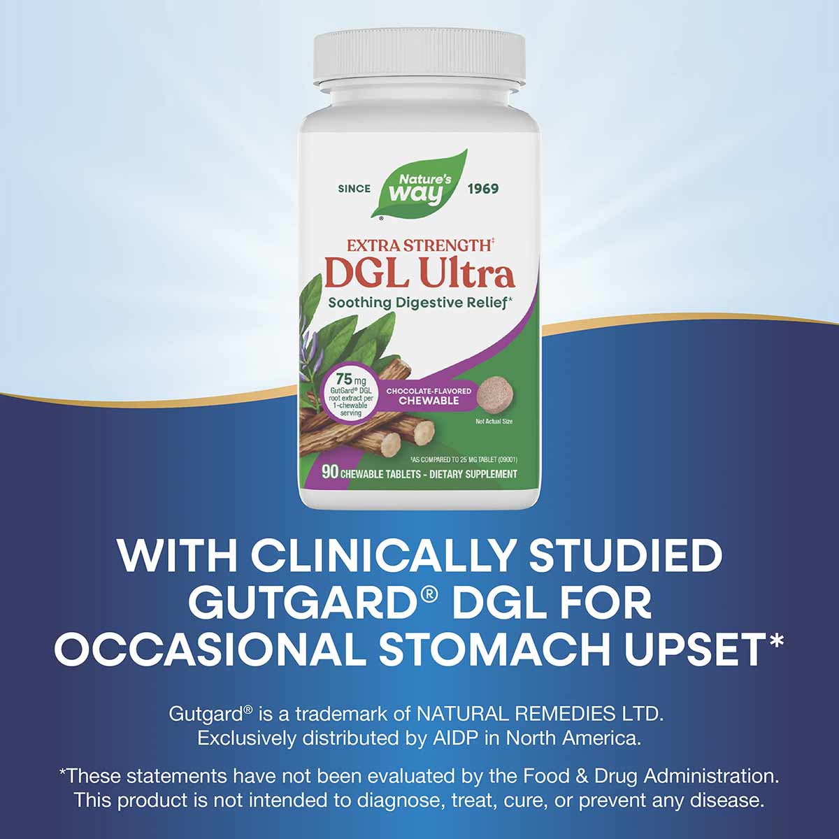 Nature's Way DGL Ultra Extra Strength chocolate-flavored chewable tablets dietary supplement bottle with 90 tablets.