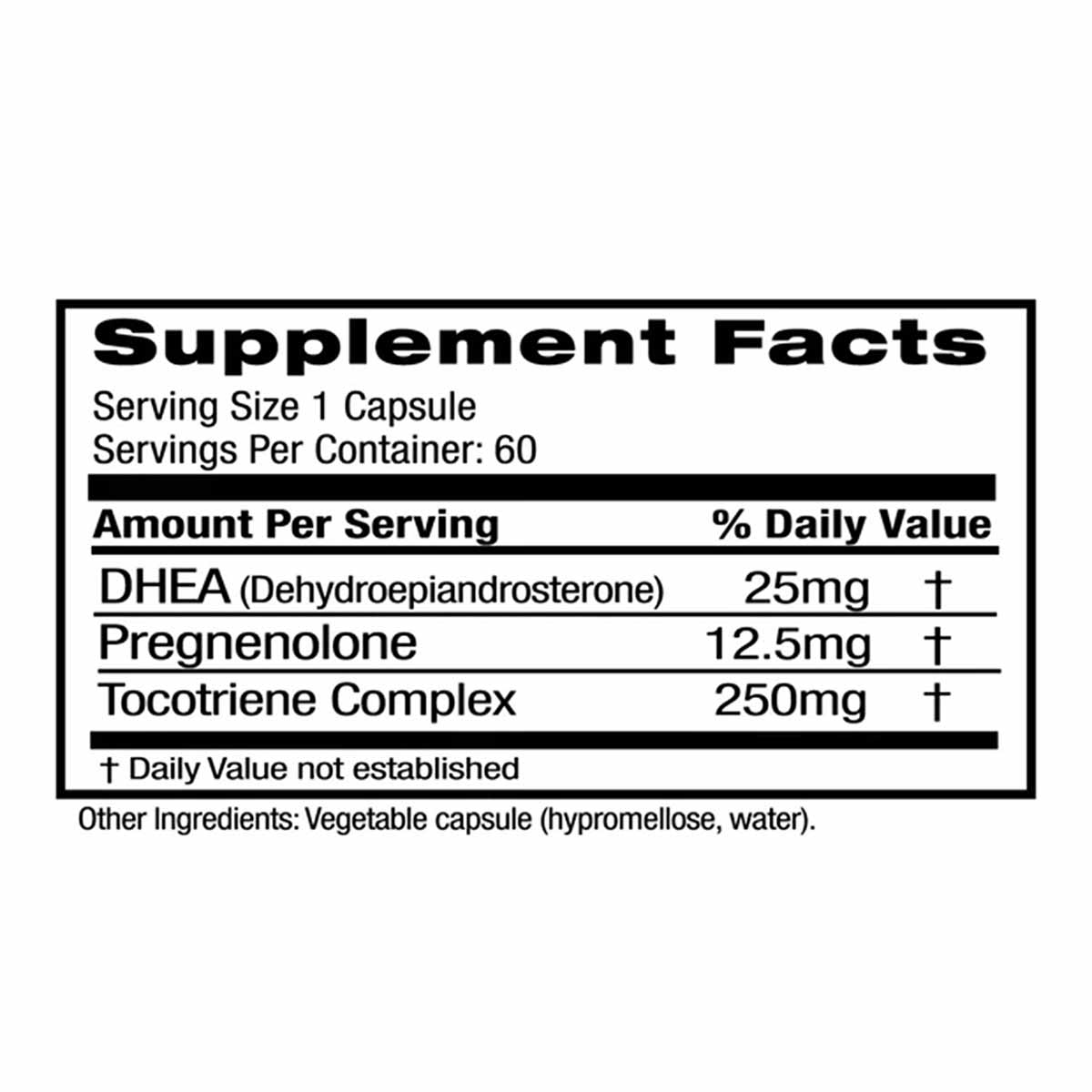Supplement Facts label showing DHEA 25mg, Pregnenolone 12.5mg, and Tocotriene Complex 250mg per capsule, 60 servings.