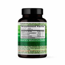 Dark glass bottle containing 60 vegetable capsules with green and white label displaying supplement facts and usage instructi