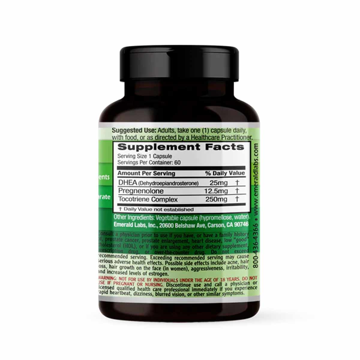 Dark glass bottle containing 60 vegetable capsules with green and white label displaying supplement facts and usage instructi
