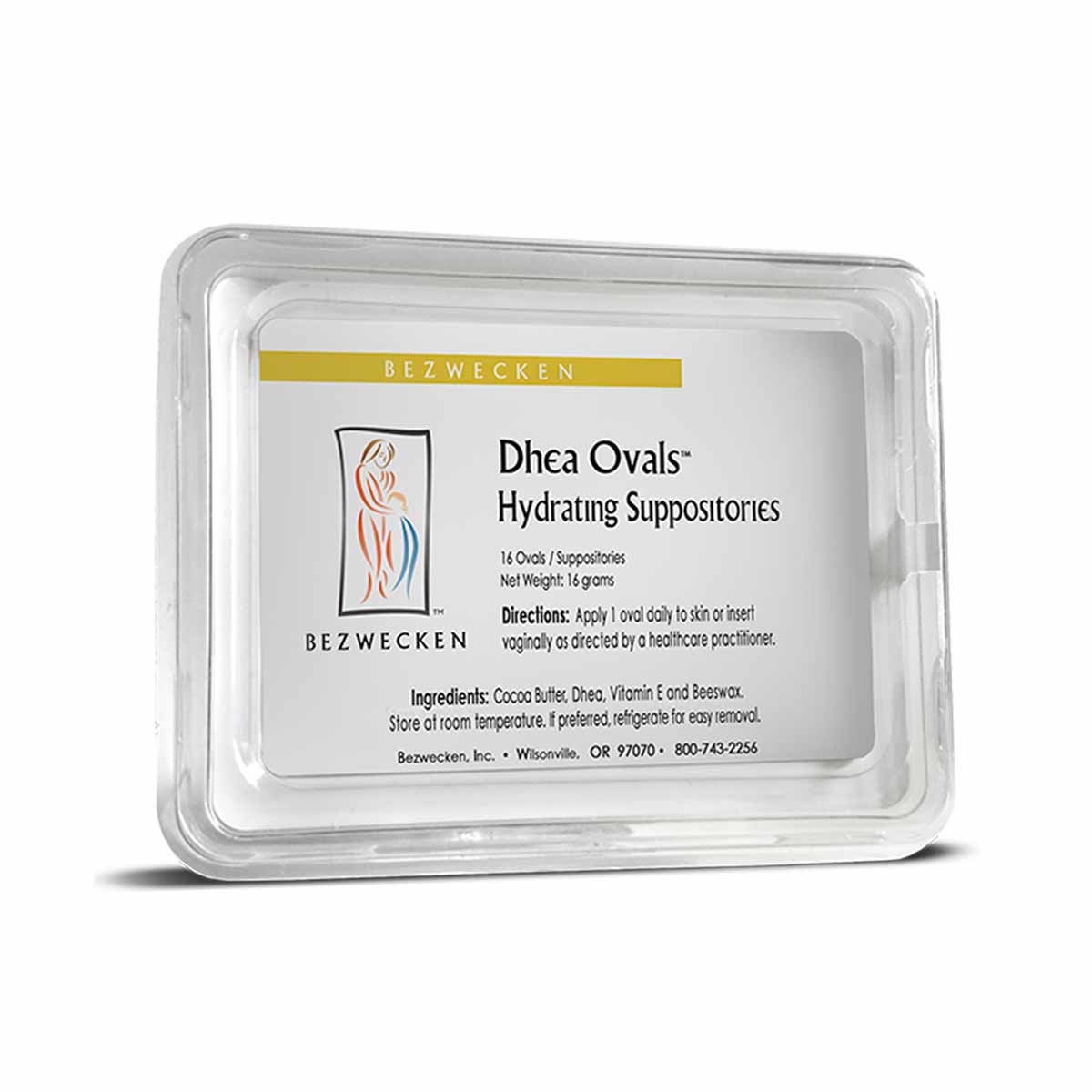 Clear plastic container of Bezwecken DHEA Ovals hydrating suppositories with yellow and white label.
