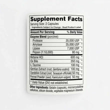 Supplement Facts label for Digestive Complete showing enzyme blend, betaine HCl, ox bile, and herbal extracts with serving si