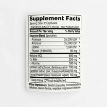 Supplement Facts label for Digestive Complete showing enzyme blend, Betaine HCl, Ox Bile, L-Taurine, and herbal extracts per 