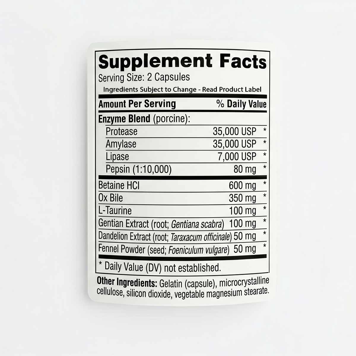 Supplement Facts label for Digestive Complete showing enzyme blend, Betaine HCl, Ox Bile, L-Taurine, and herbal extracts per 