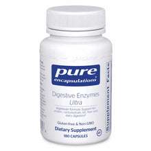 White bottle of Pure Encapsulations Digestive Enzymes Ultra dietary supplement with white cap, 180 capsules.