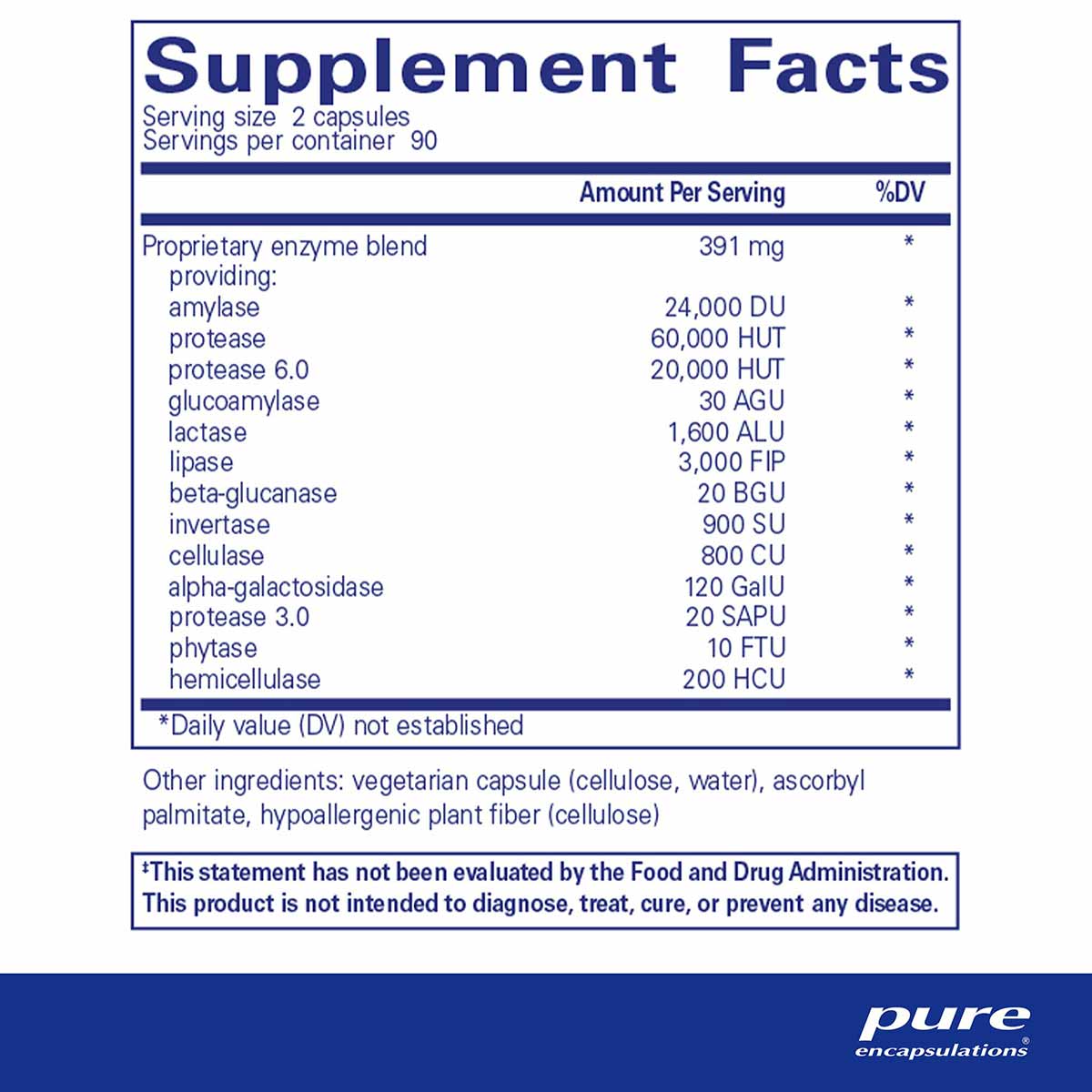 Supplement Facts label for Digestive Enzymes Ultra showing proprietary enzyme blend with serving size of 2 capsules.