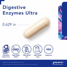 Beige capsule labeled Digestive Enzymes Ultra with certification badges for gluten-free, GMO-free, soy-free, dairy-free, and 
