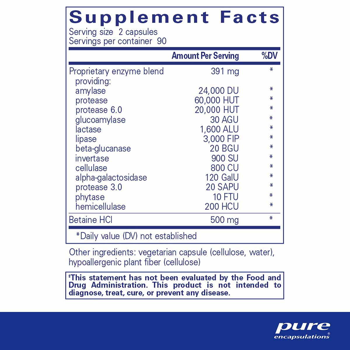 Supplement Facts label showing digestive enzyme blend ingredients, betaine HCl, serving size of 2 capsules, and Pure Encapsul