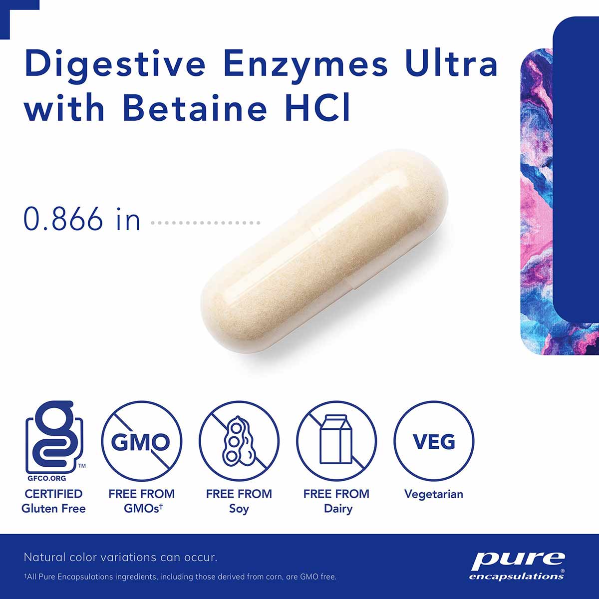 Beige capsule tablet labeled Digestive Enzymes Ultra with Betaine HCl, 0.866 inches, with certification badges below.