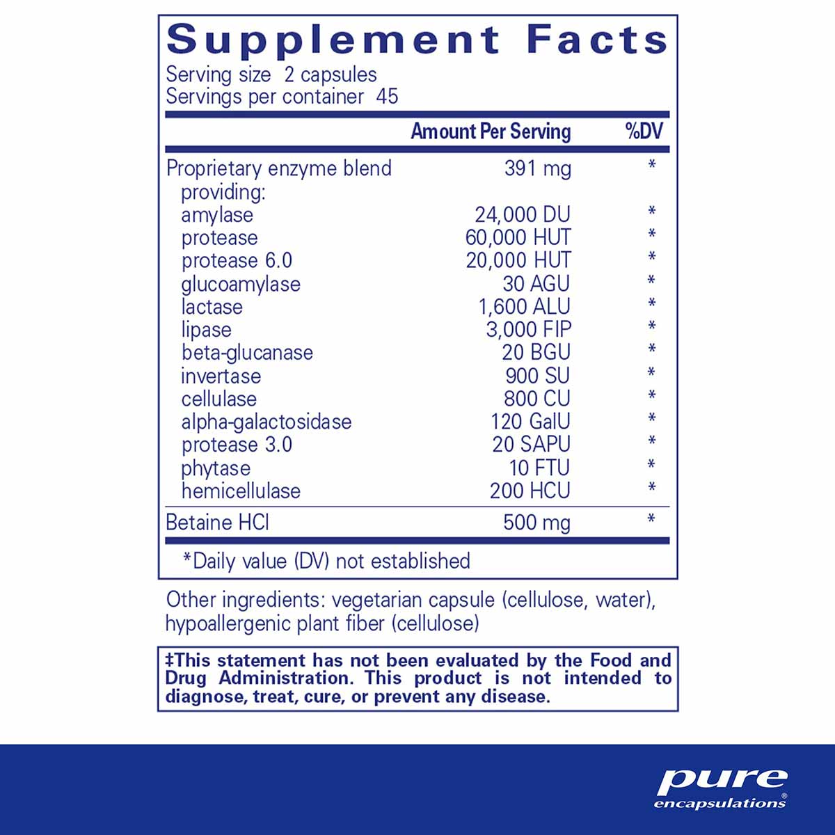 Pure Encapsulations supplement facts label showing digestive enzyme blend with betaine HCl, 45 servings per container.