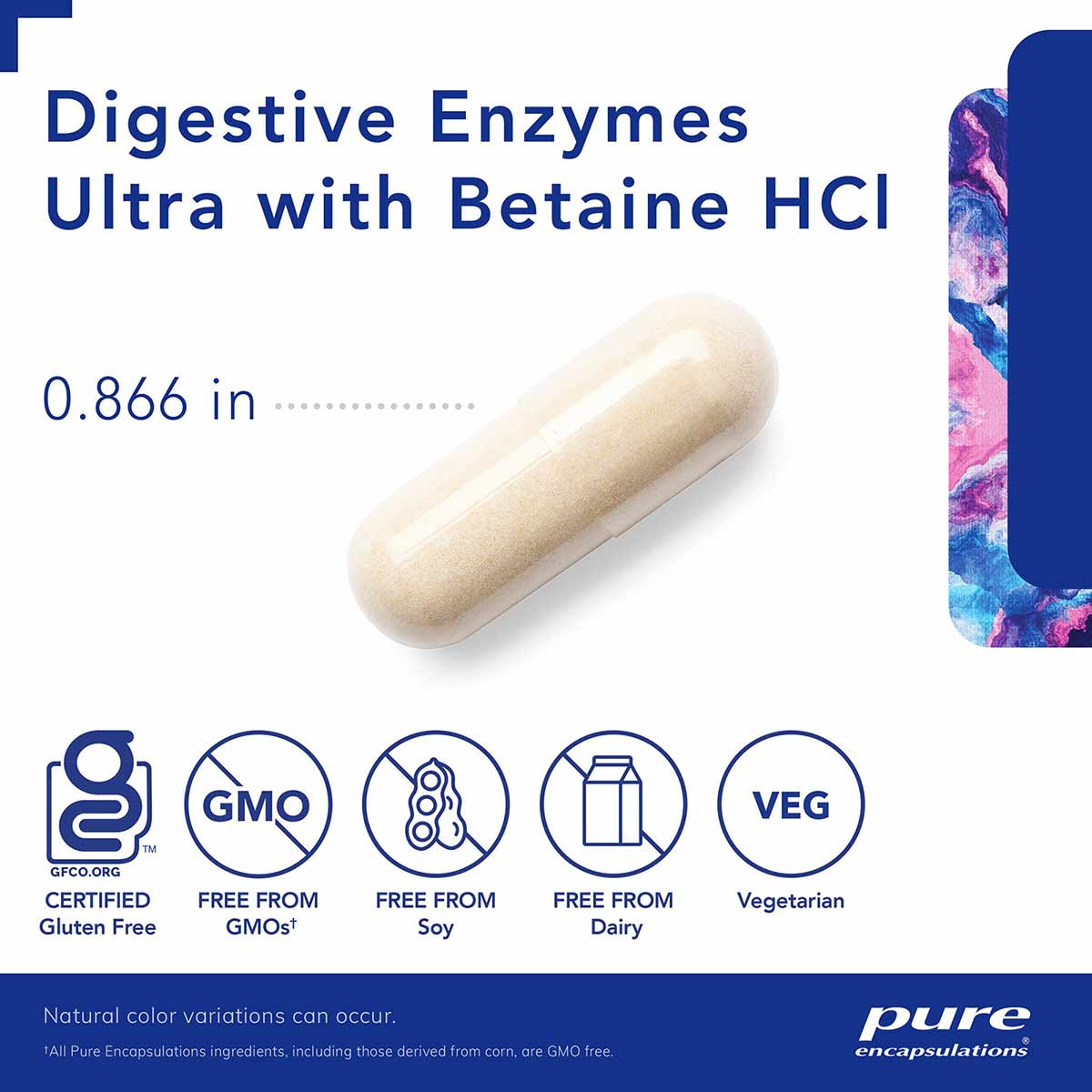 Cream-colored capsule labeled Digestive Enzymes Ultra with Betaine HCl, 0.866 inches, with certification badges below.