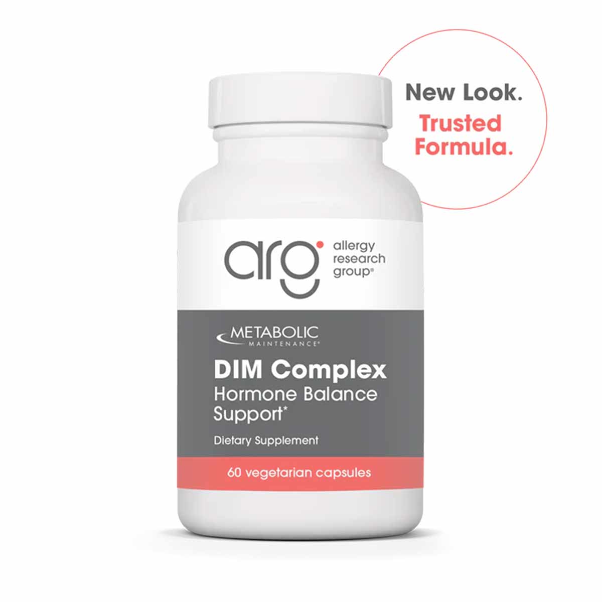 White bottle of ARG DIM Complex dietary supplement containing 60 vegetarian capsules with gray and coral label.