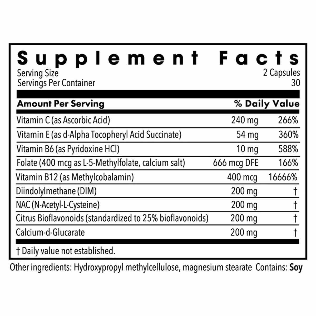 Supplement Facts label showing DIM Complex ingredients including Vitamin C, E, B6, Folate, B12, DIM, NAC, and Citrus Bioflavo