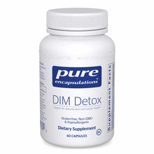 White bottle of Pure Encapsulations DIM Detox dietary supplement with white screw-top lid, labeled for 60 capsules.