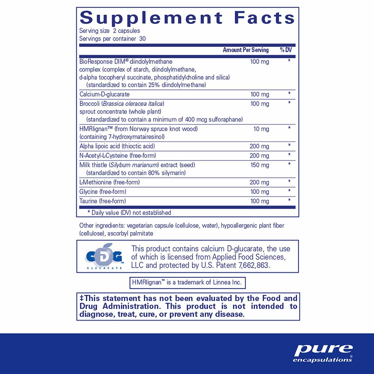 Supplement facts label for DIM Detox capsules listing ingredients including DIM complex, calcium D-glucarate, broccoli sprout