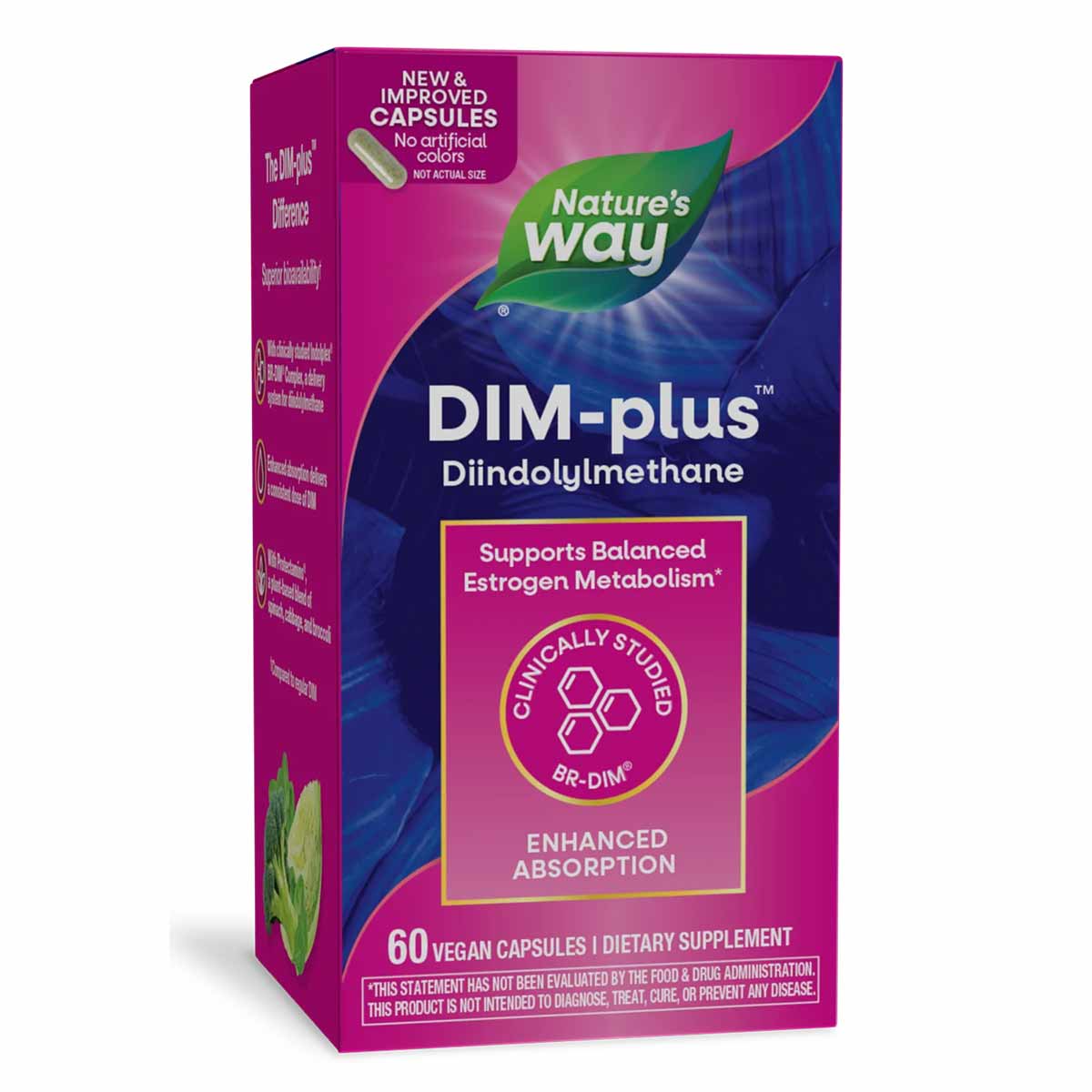 Nature's Way DIM-plus supplement bottle with magenta and blue packaging, containing 60 vegan capsules.