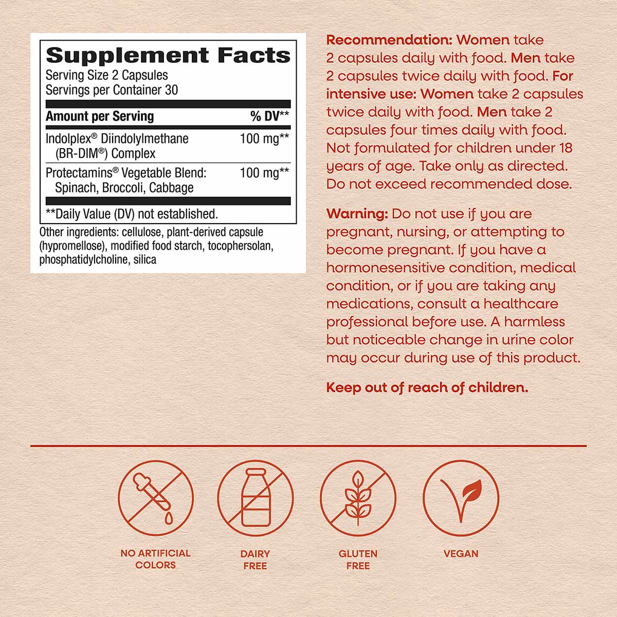 Supplement Facts label for DIM-Plus capsules showing ingredients, serving information, usage recommendations, warnings, and d