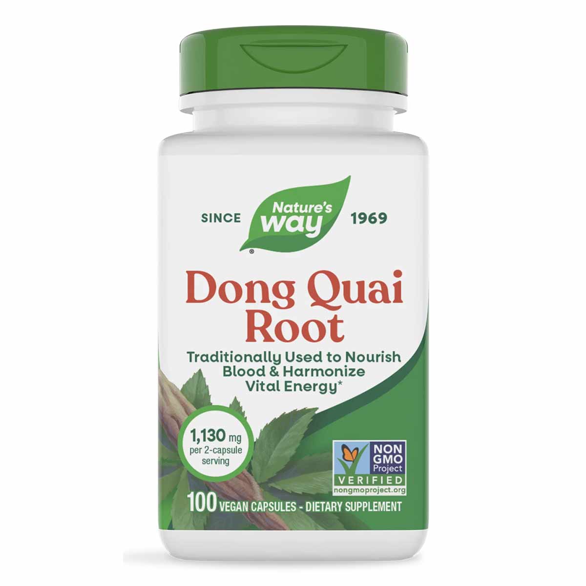White bottle with green cap containing 100 vegan capsules of Dong Quai Root dietary supplement by Nature's Way.
