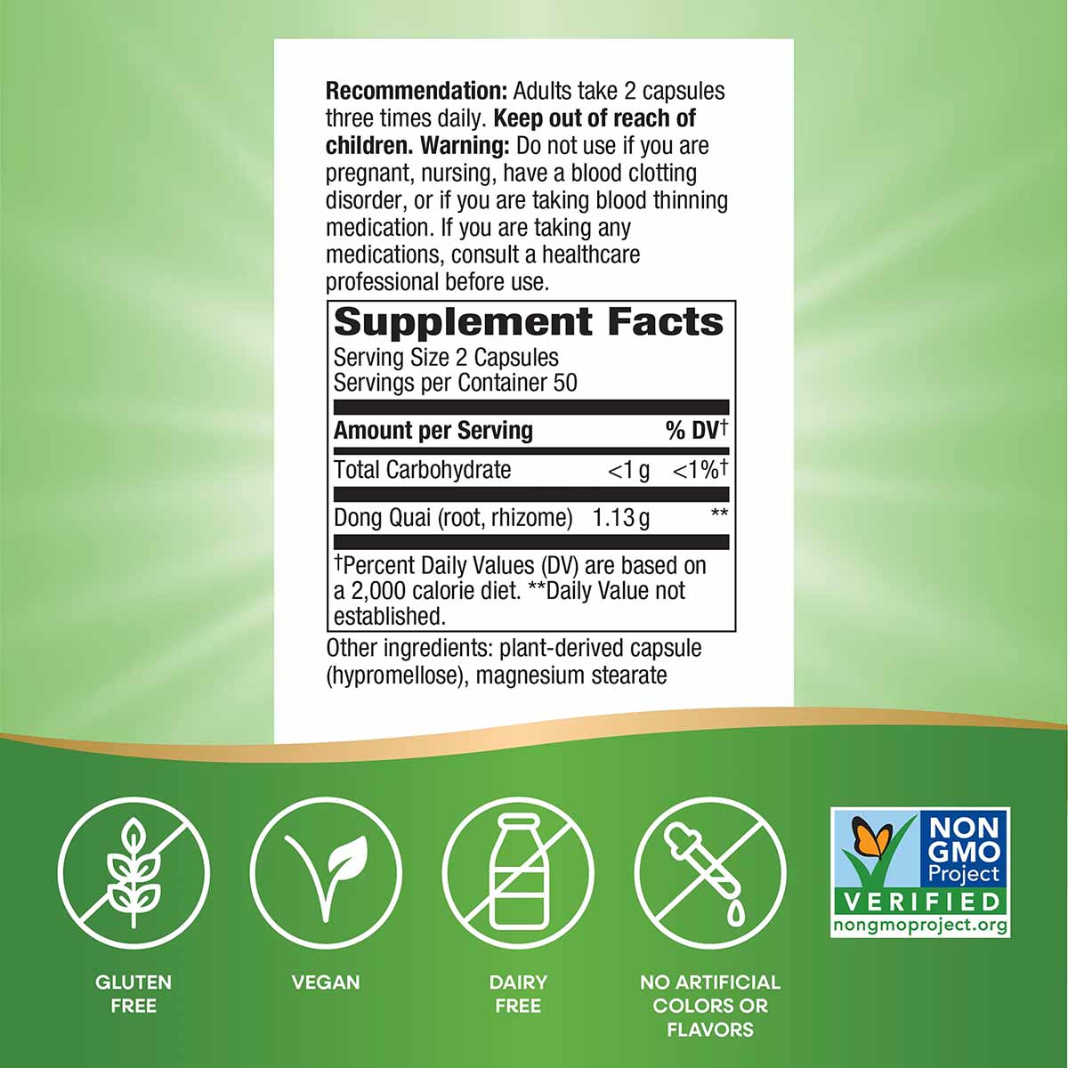 Supplement Facts label for Dong Quai Root capsules by Nature's Way showing dosage, ingredients, and certification badges.