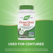 White bottle with green cap labeled "Dong Quai Root" by Nature's Way, containing 100 vegan capsules at 1,130 mg per serving.