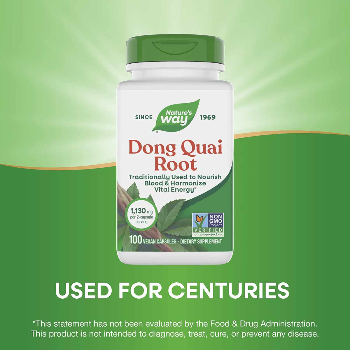 White bottle with green cap labeled "Dong Quai Root" by Nature's Way, containing 100 vegan capsules at 1,130 mg per serving.