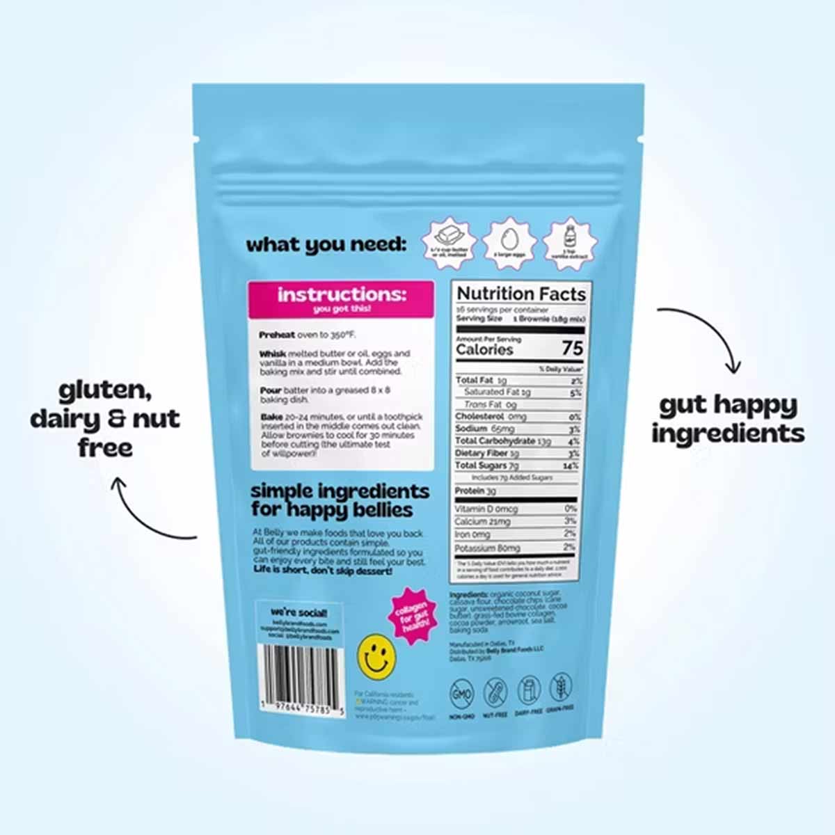 Back of a blue brownie mix pouch showing baking instructions, a Nutrition Facts panel, and callouts for gluten, dairy and nut free.