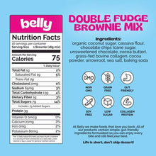 Belly Double Fudge Brownie Mix label showing a nutrition facts panel, ingredients list, and icons for non-GMO, grain free, and low sugar.