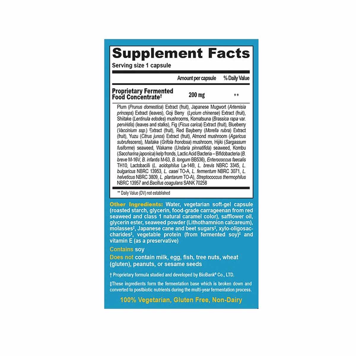 Supplement Facts label for Dr. Ohhira's Probiotics Professional Formula showing serving size, proprietary fermented food conc