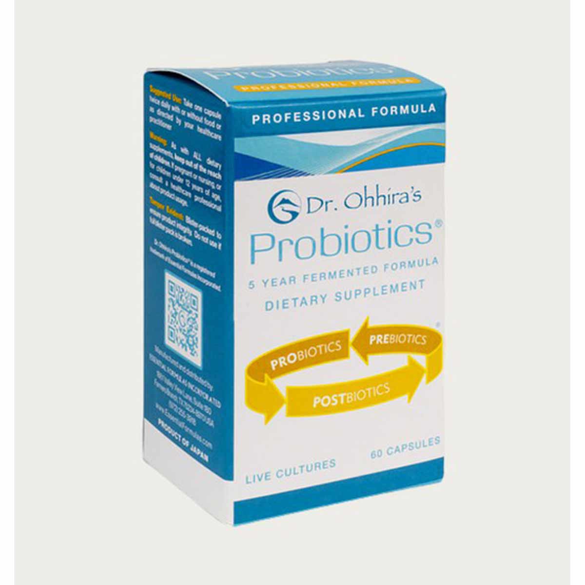 Blue and white box of Dr. Ohhira's Probiotics Professional Formula dietary supplement containing 60 capsules.