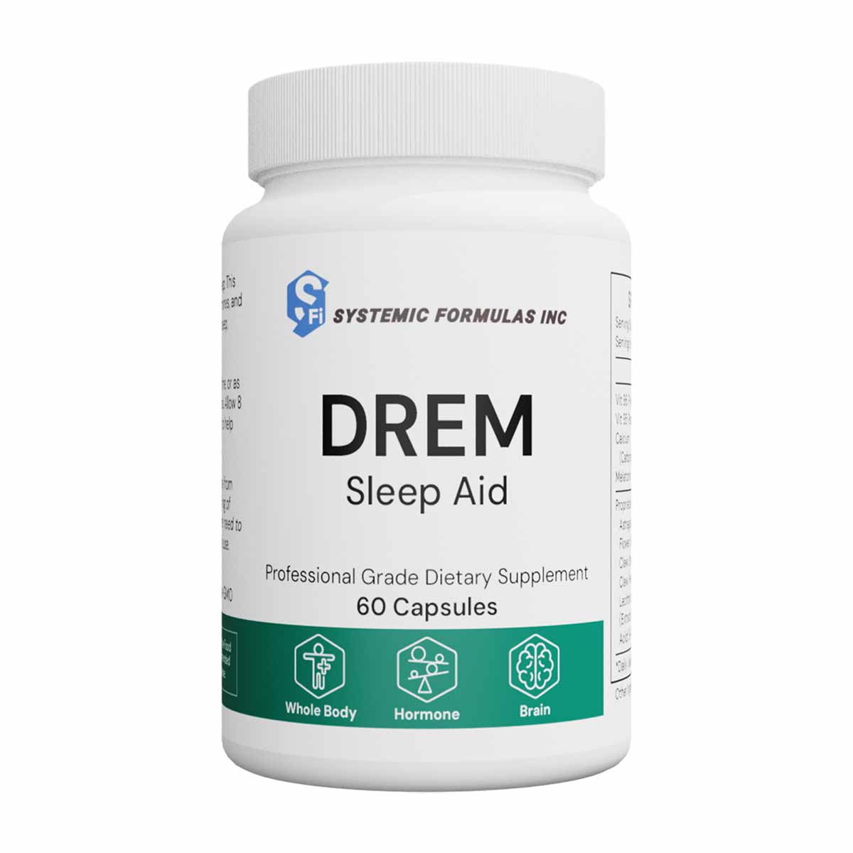 White DREM Sleep Aid bottle by Systemic Formulas containing 60 capsules with green band showing product icons.
