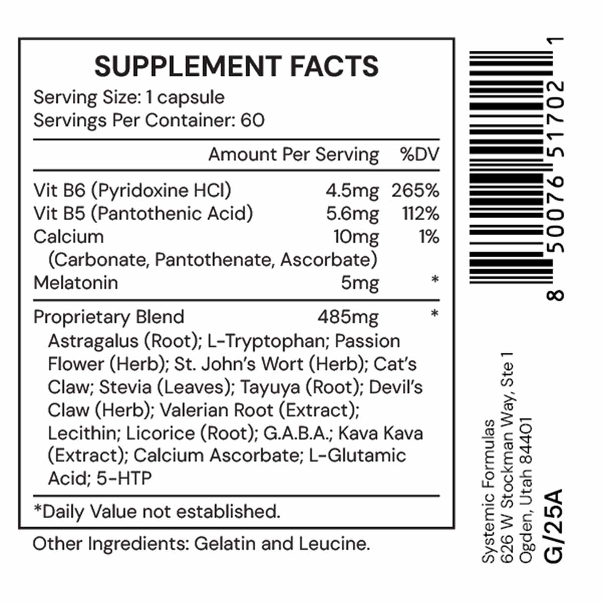 Supplement Facts label for DREM Sleep Aid showing 60 servings per container with melatonin, vitamins, and herbal blend ingred