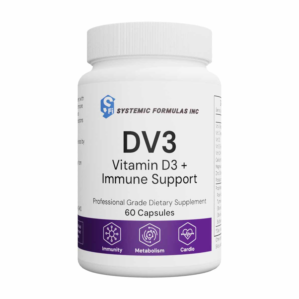 White bottle of DV3 Vitamin D3 Plus Immune Support capsules by Systemic Formulas with purple label band.