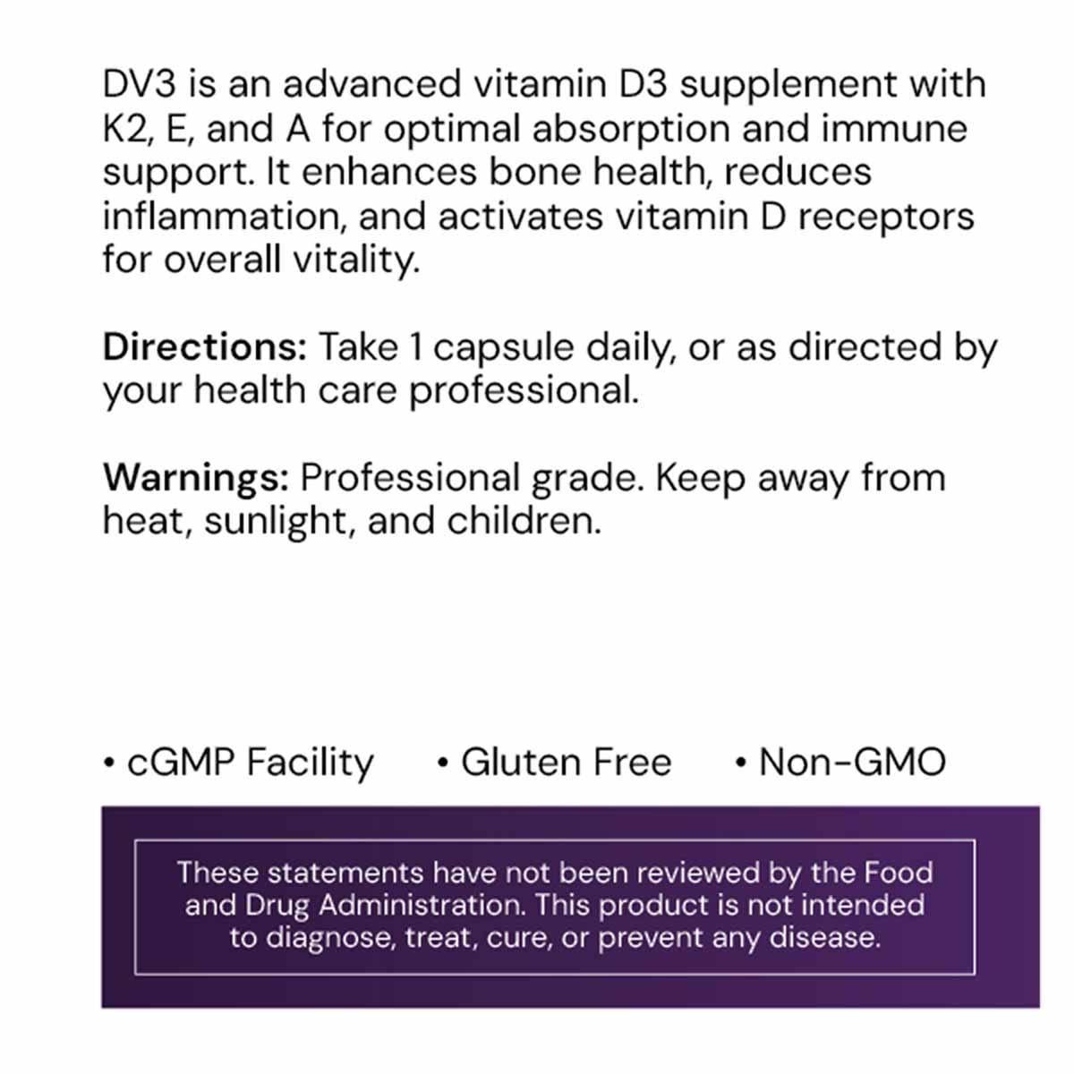 Bottle of DV3 Vitamin D3 Plus supplement capsules with product information and certifications displayed on label.