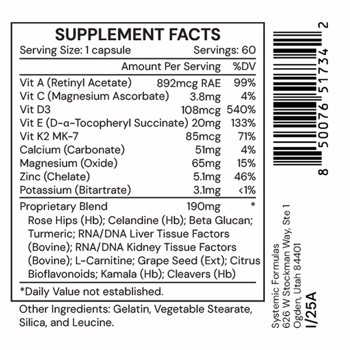 Supplement Facts label showing DV3 Vitamin D3 Plus with 60 capsules per serving, listing vitamins A, C, D3, E, K2, minerals, 