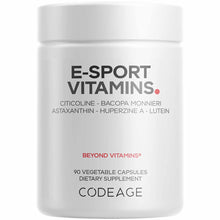 White bottle of E-Sport Vitamins+ by Codeage containing 90 vegetable capsules with ingredient list on label.