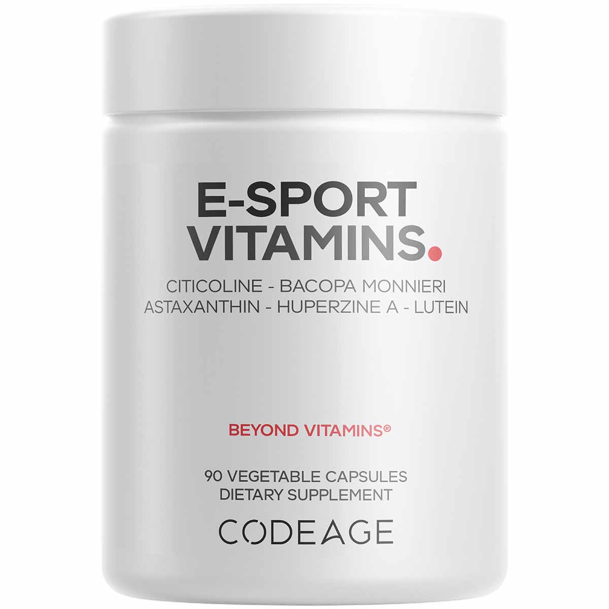 White bottle of E-Sport Vitamins+ by Codeage containing 90 vegetable capsules with ingredient list on label.
