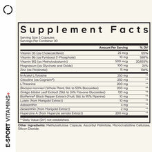 Supplement Facts label for E-Sport Vitamins+ showing serving size of 3 capsules with vitamins, minerals, and botanical extrac