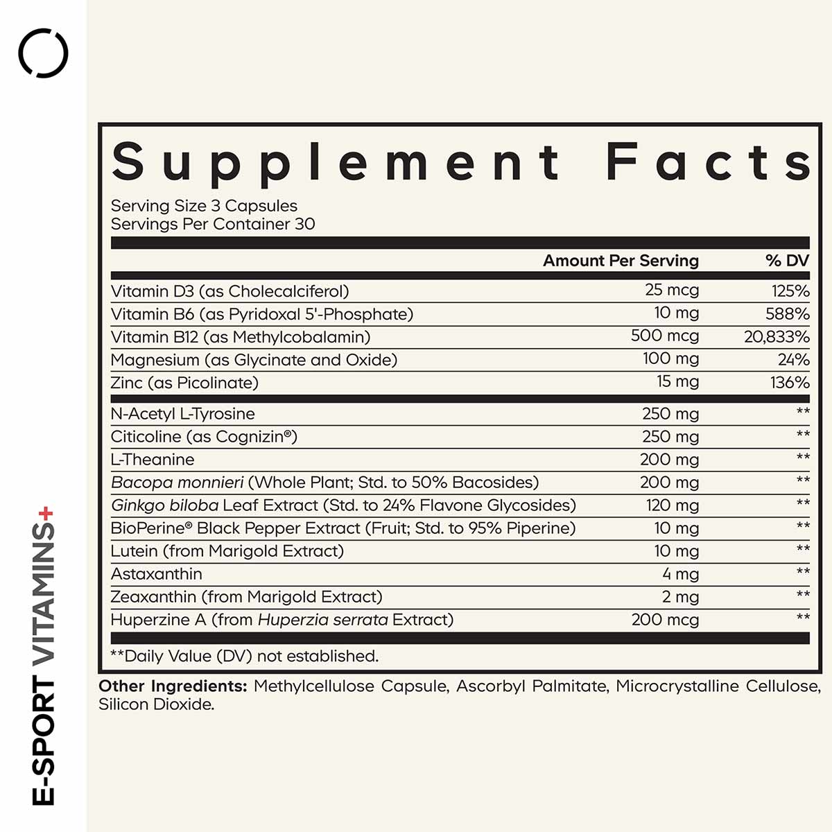 Supplement Facts label for E-Sport Vitamins+ showing serving size of 3 capsules with vitamins, minerals, and botanical extrac