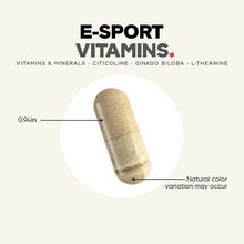 Tan capsule pill labeled E-Sport Vitamins with ingredient list and 0.94 inch size indicator.