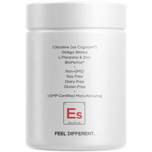 White supplement bottle with white cap displaying ingredient list including Citicoline, Ginkgo Biloba, L-Theanine, Zinc, and 