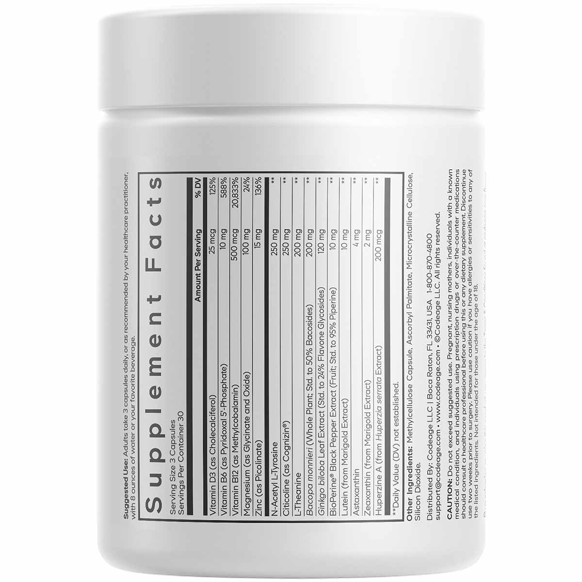 White cylindrical supplement container with white lid and black supplement facts label on front.
