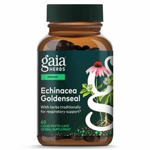 Gaia Herbs Echinacea Goldenseal supplement bottle with green cap containing 60 liquid phyto-caps.