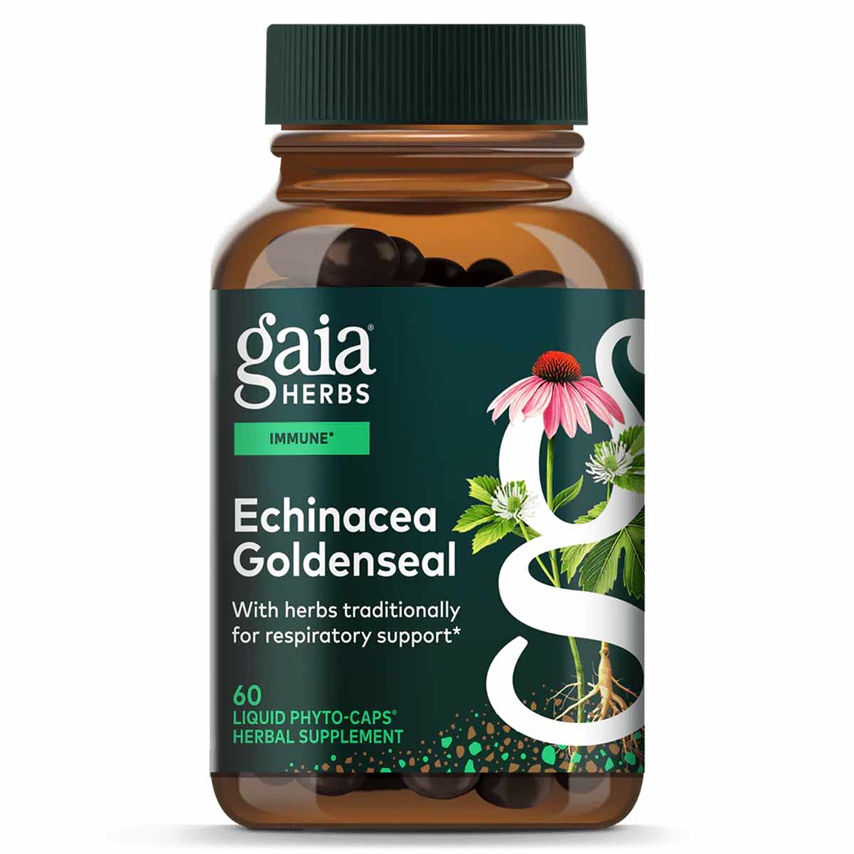 Gaia Herbs Echinacea Goldenseal supplement bottle with green cap containing 60 liquid phyto-caps.